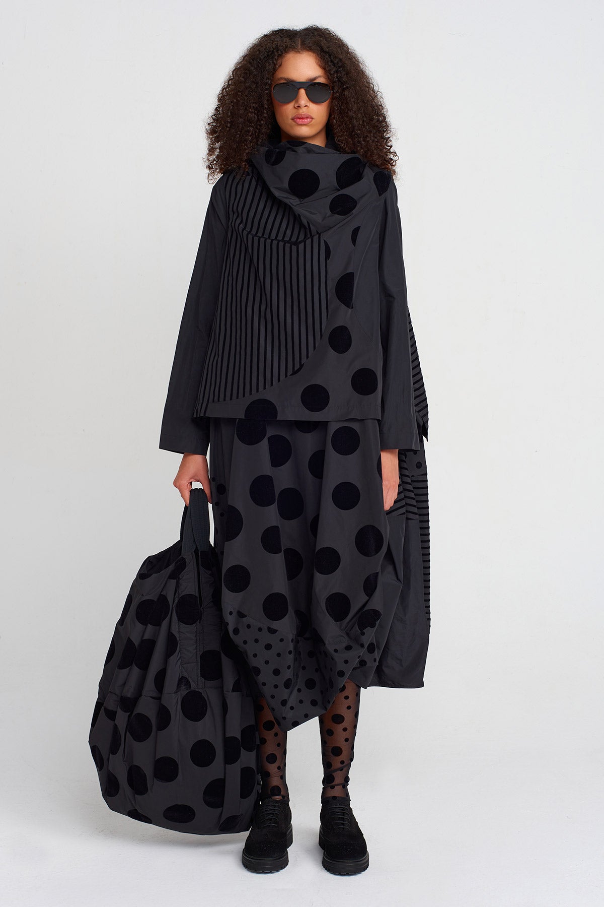 Multicolor Velvet Polka Dot and Stripe Patterned Taffeta Blouse-K251011052