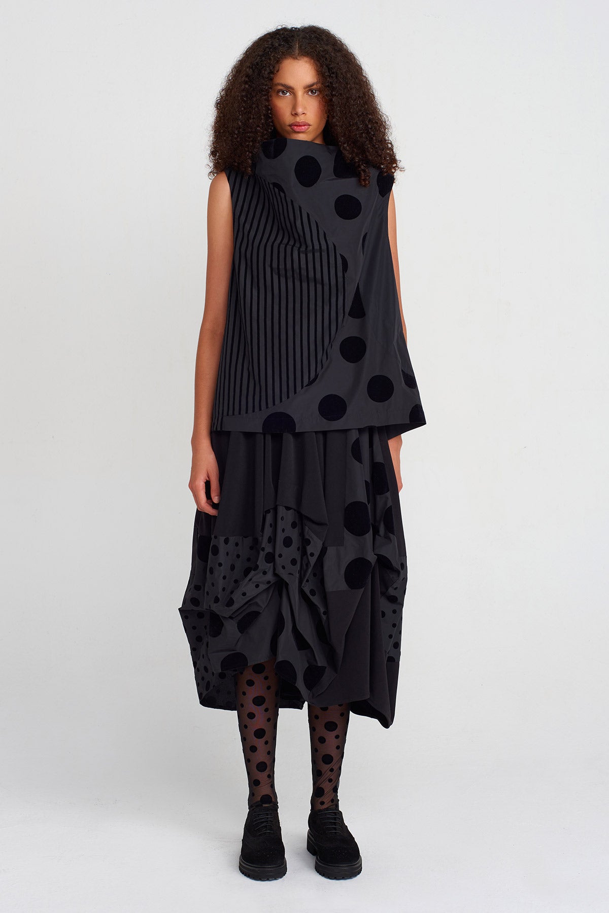 Multicolor Velvet Polka Dot and Stripe Patterned Taffeta Blouse-K251011052