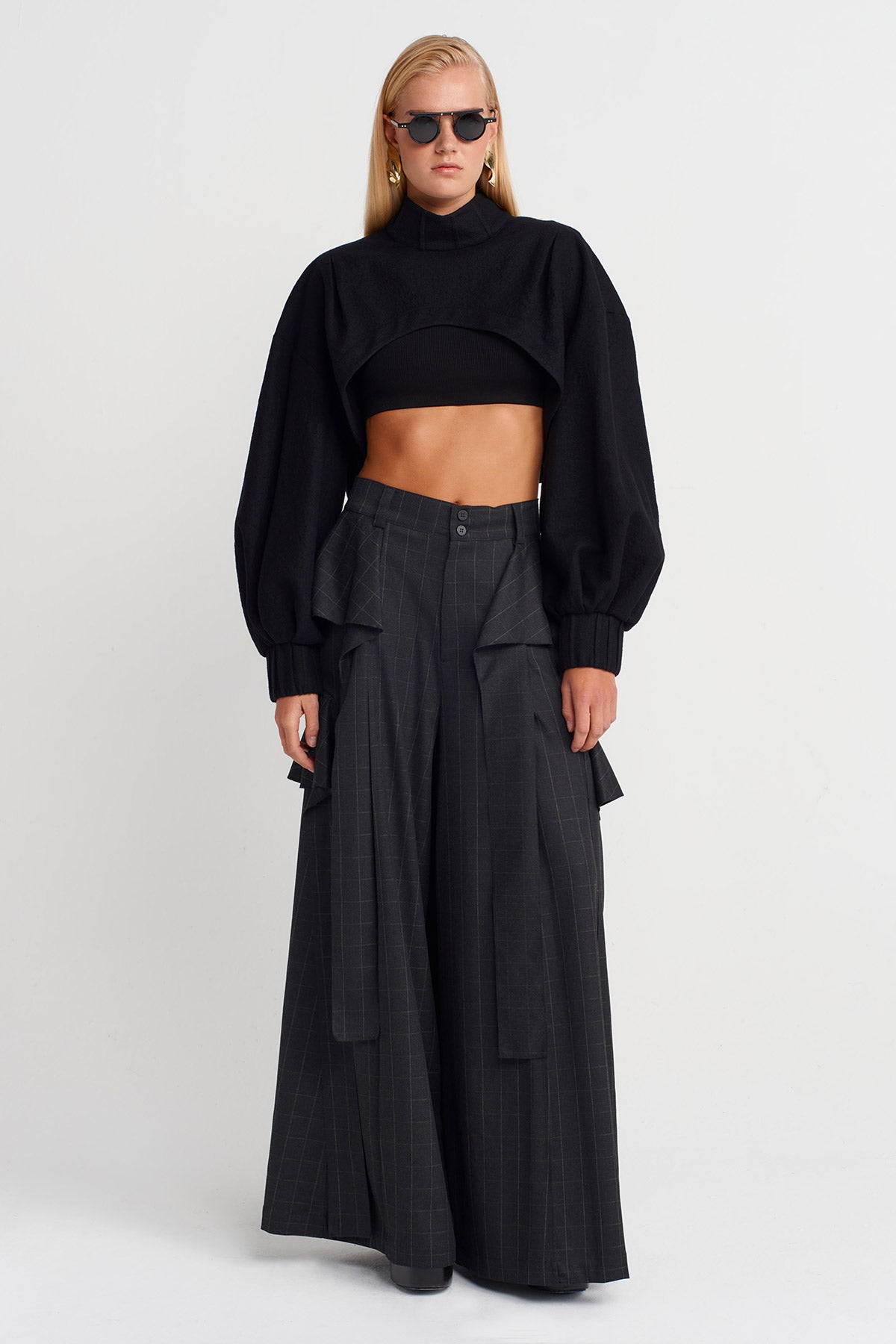 Siyah Uzun Kollu Yün Crop Bluz-K251011071