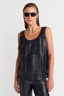 Black Vegan Leather Tassel Blouse-K251011080