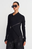 Black Asymmetrical Zippered Long Sleeve Top-K251011081