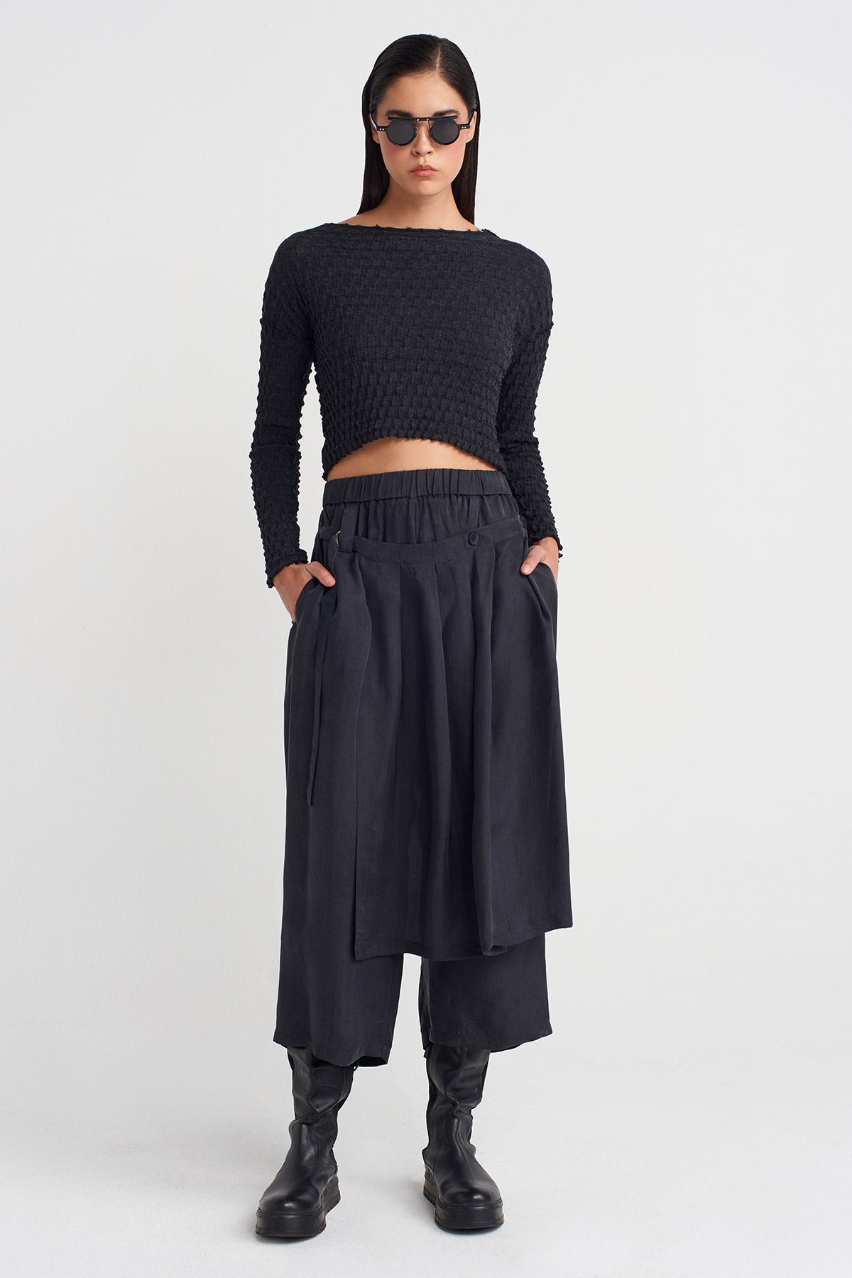 Antrasit Jakarlı Uzun Kollu Crop  Bluz-K251011099