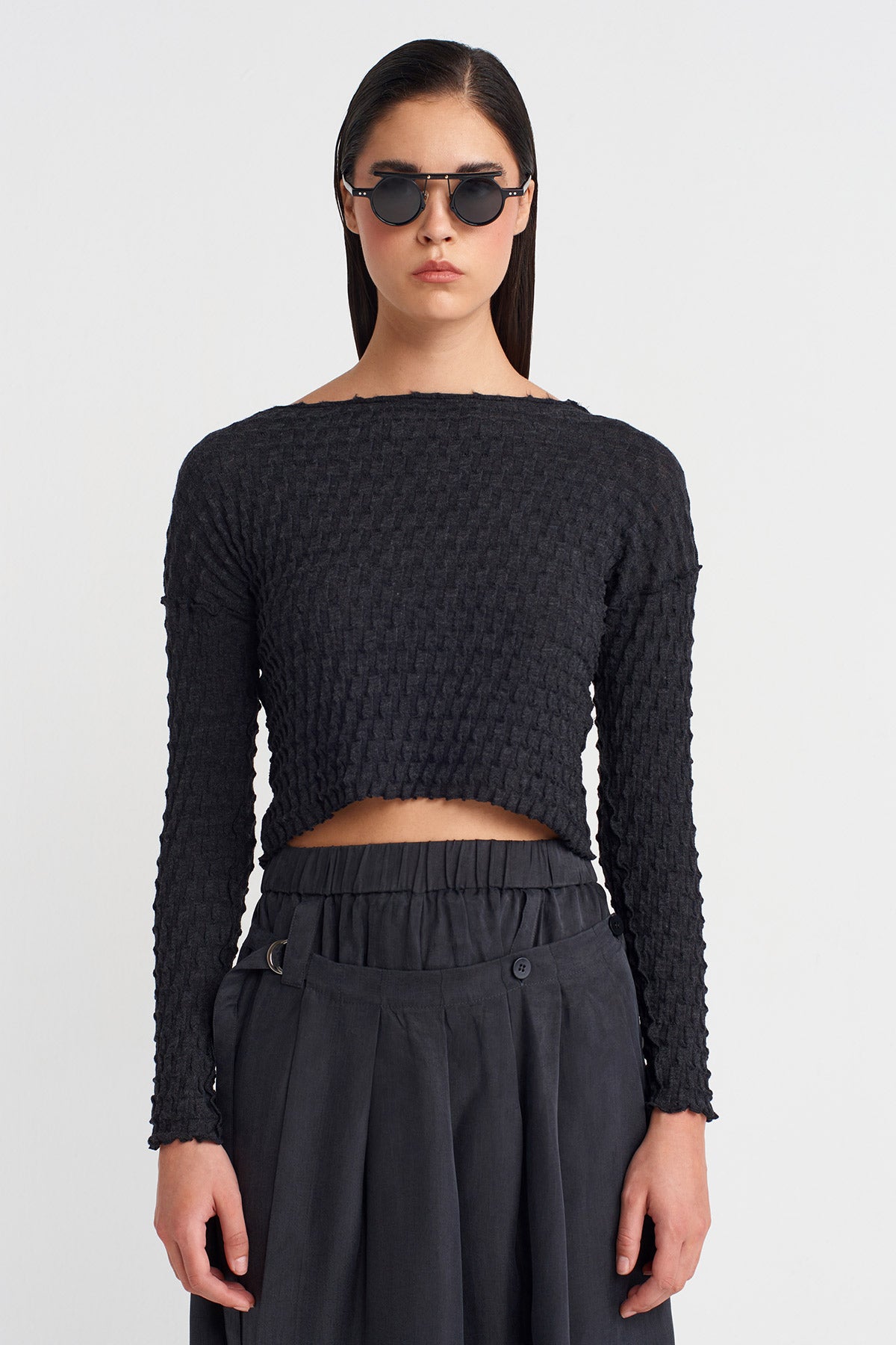 Antrasit Jakarlı Uzun Kollu Crop  Bluz-K251011099
