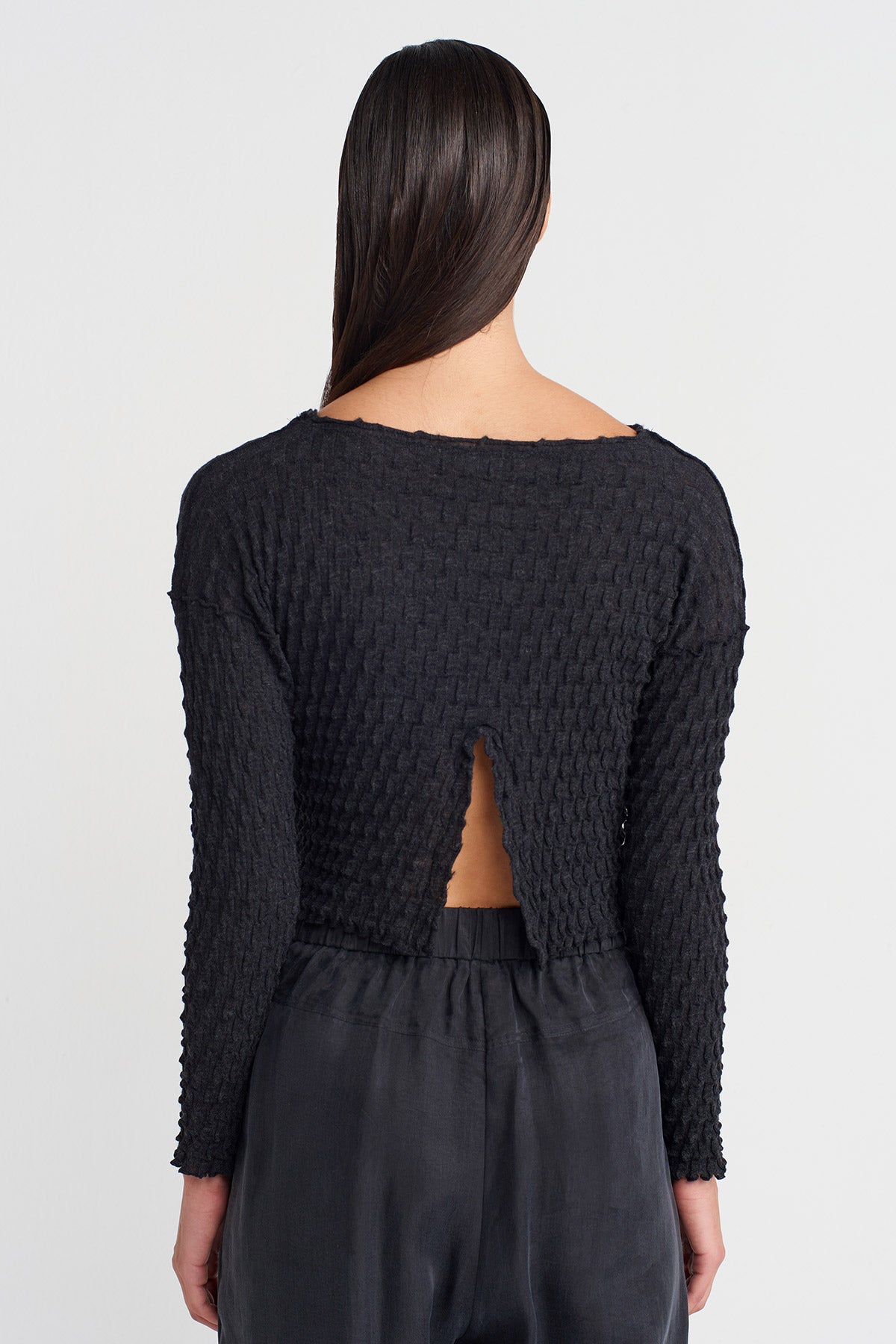 Antrasit Jakarlı Uzun Kollu Crop  Bluz-K251011099