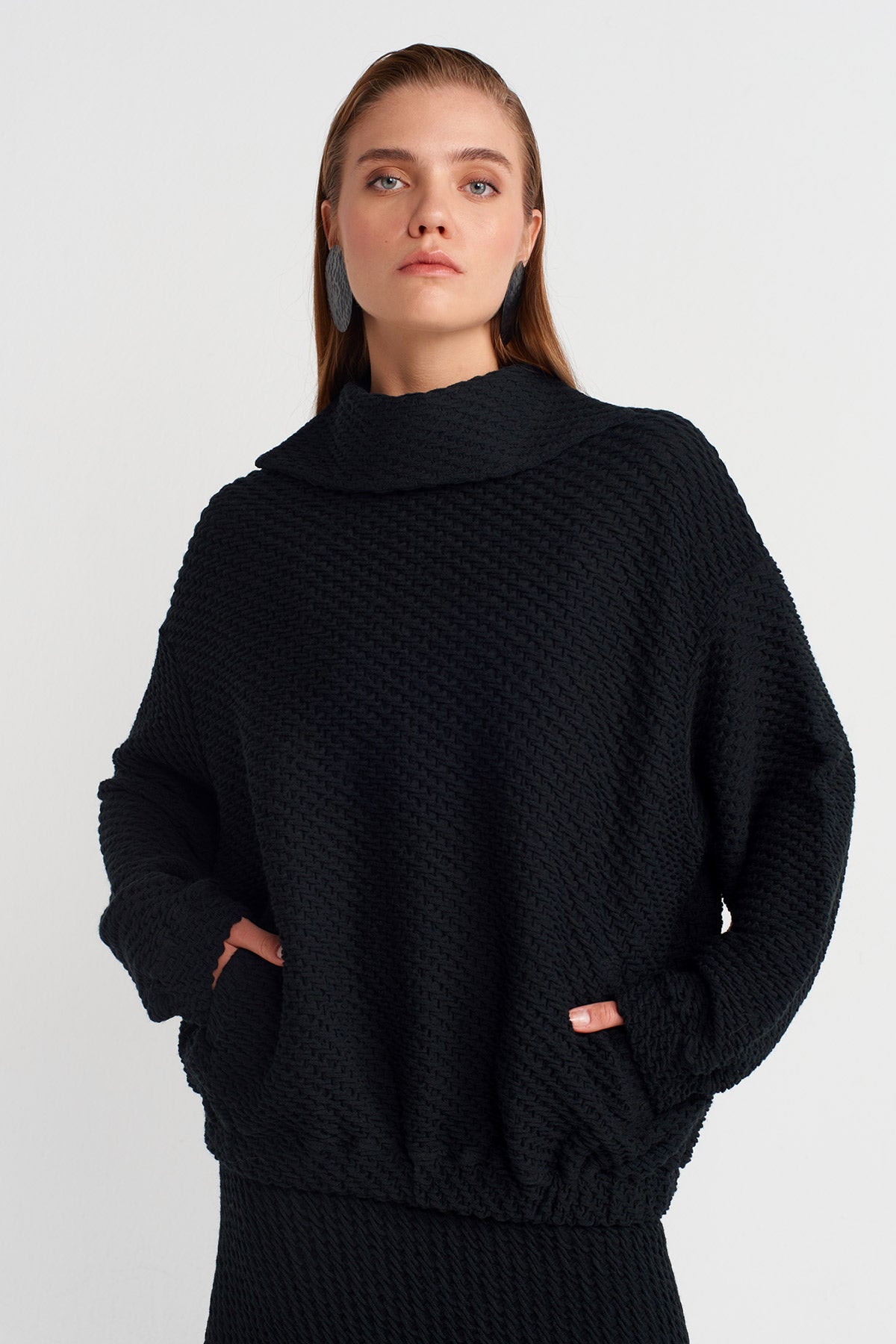 Siyah Jakar Desenli Sweat-K251011109