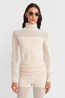 Natur Yanları Büzgülü Tül Body-K251011118