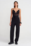 Black Satin Bustier Detailed Tulle Corset-K251011127