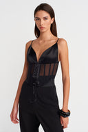 Black Satin Bustier Detailed Tulle Corset-K251011127