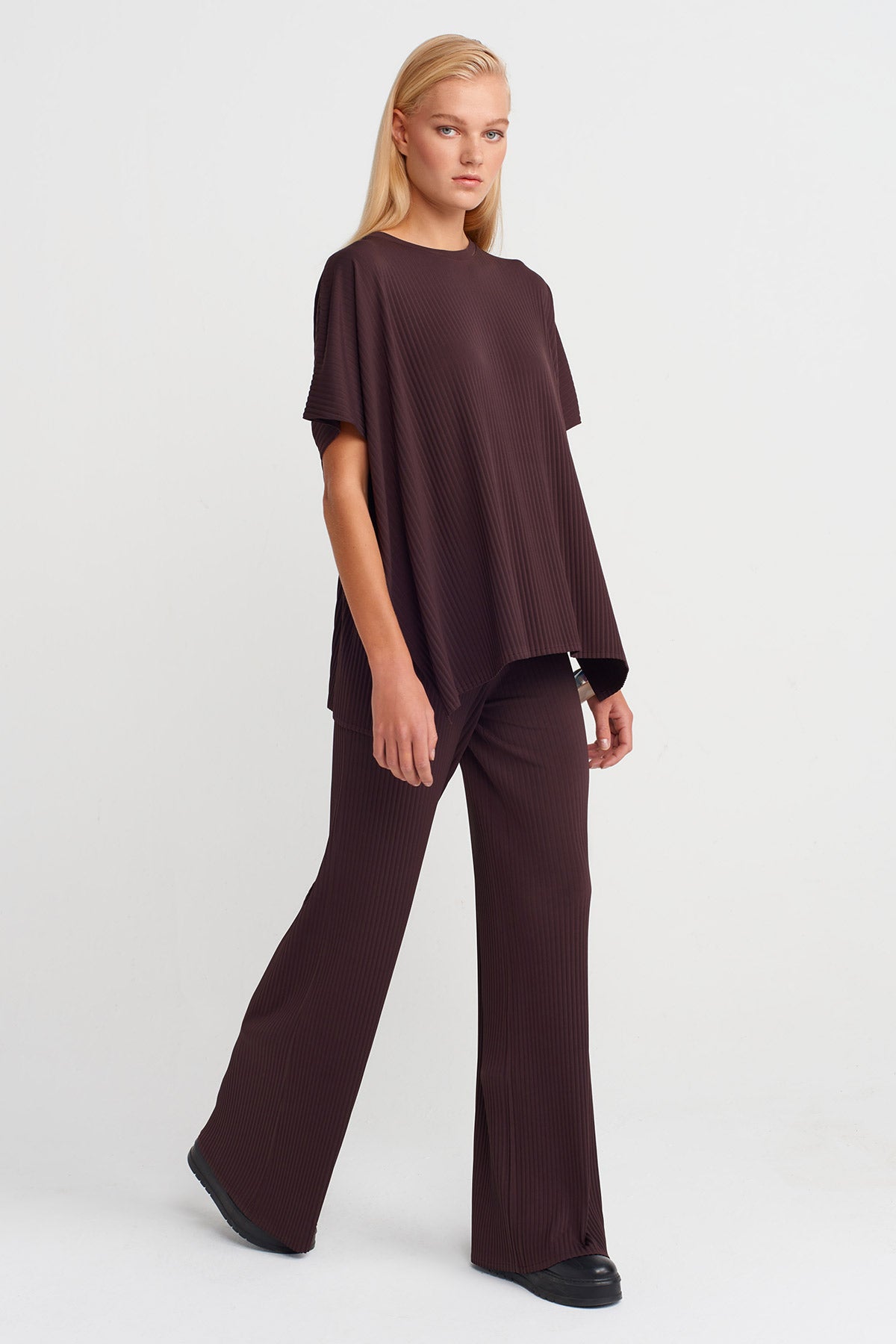 Koyu Mor Piliseli Oversize T-Shirt-K251011137
