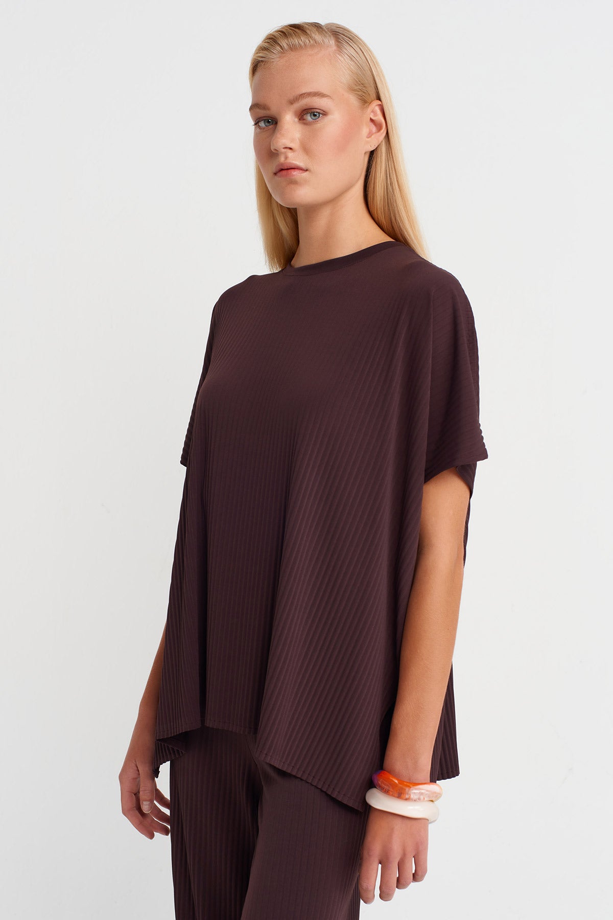 Koyu Mor Piliseli Oversize T-Shirt-K251011137