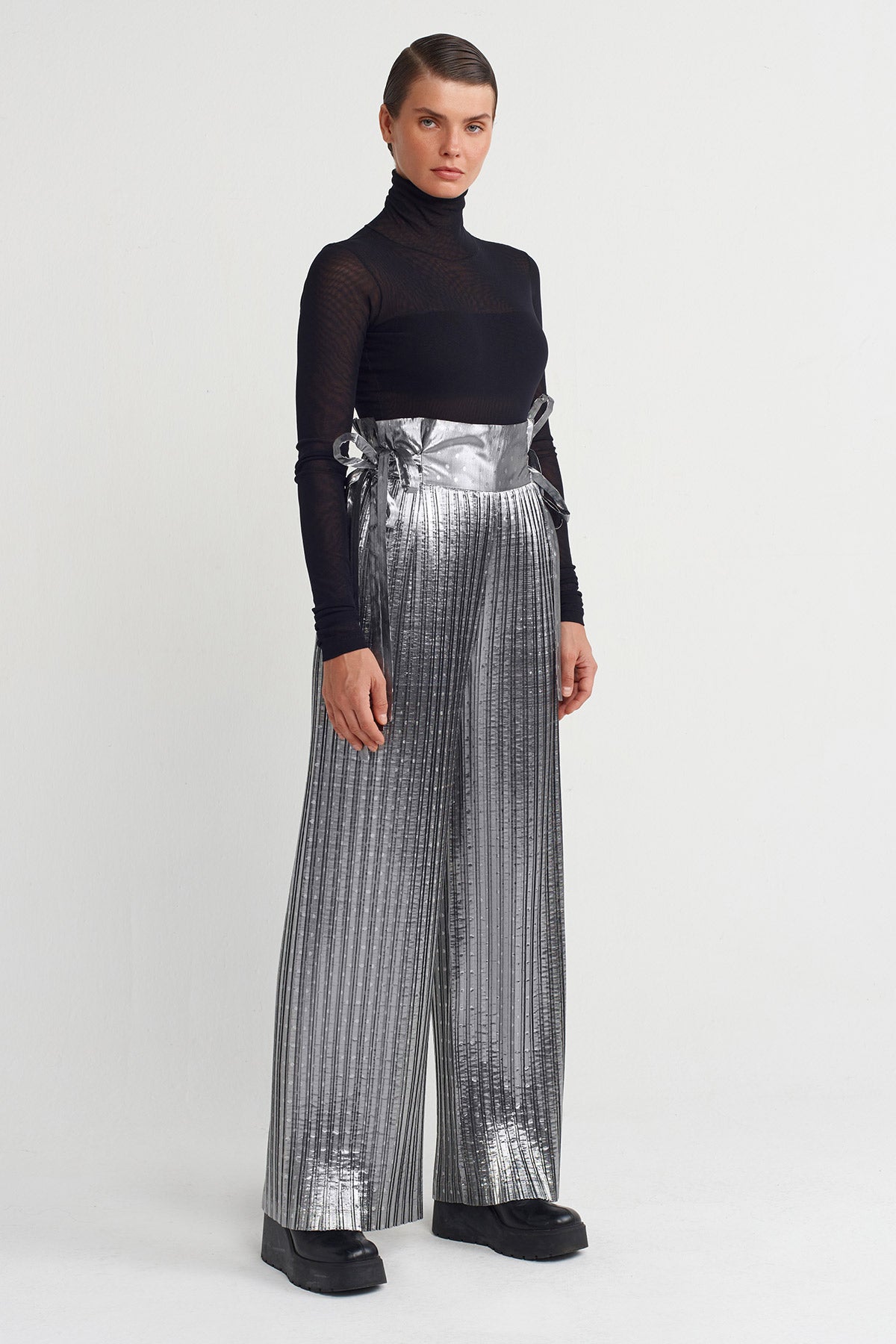 Gümüş Yüksek Bel Plise Pantolon-K253013010