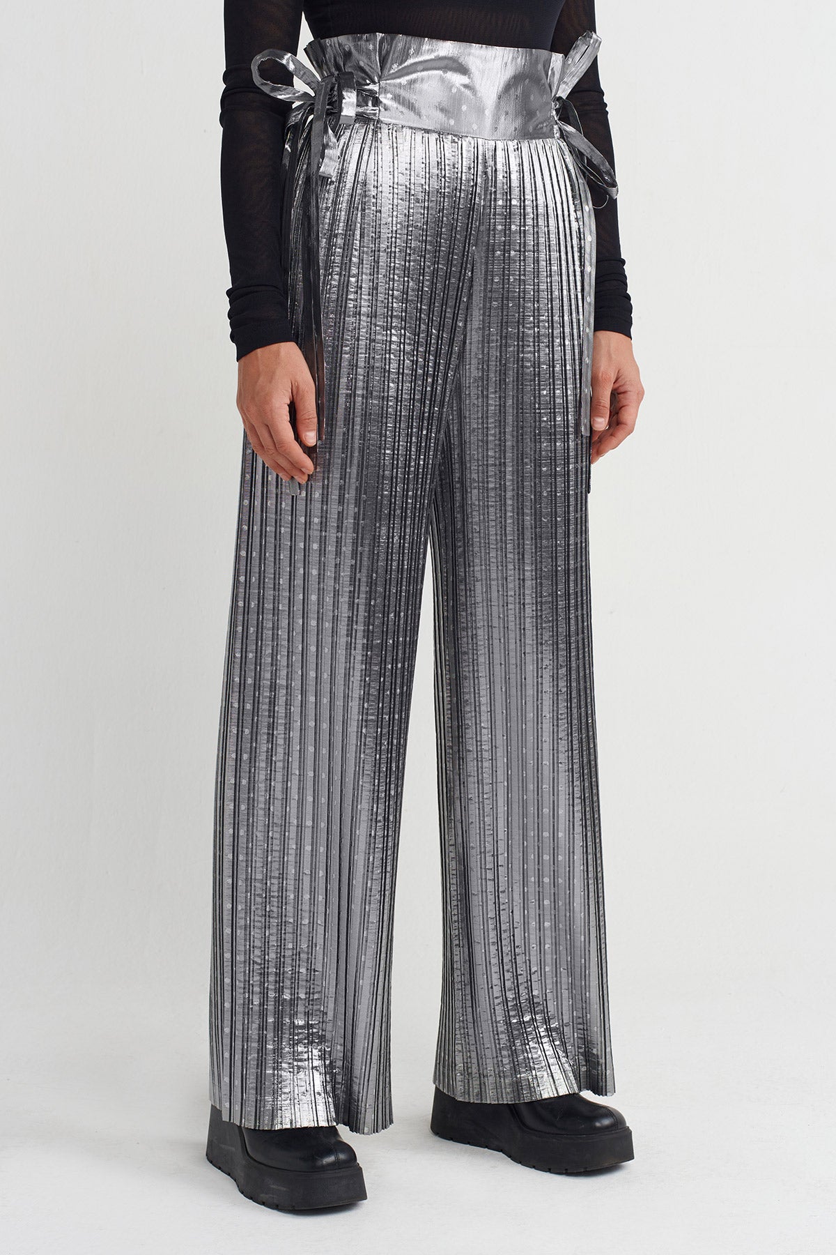 Gümüş Yüksek Bel Plise Pantolon-K253013010