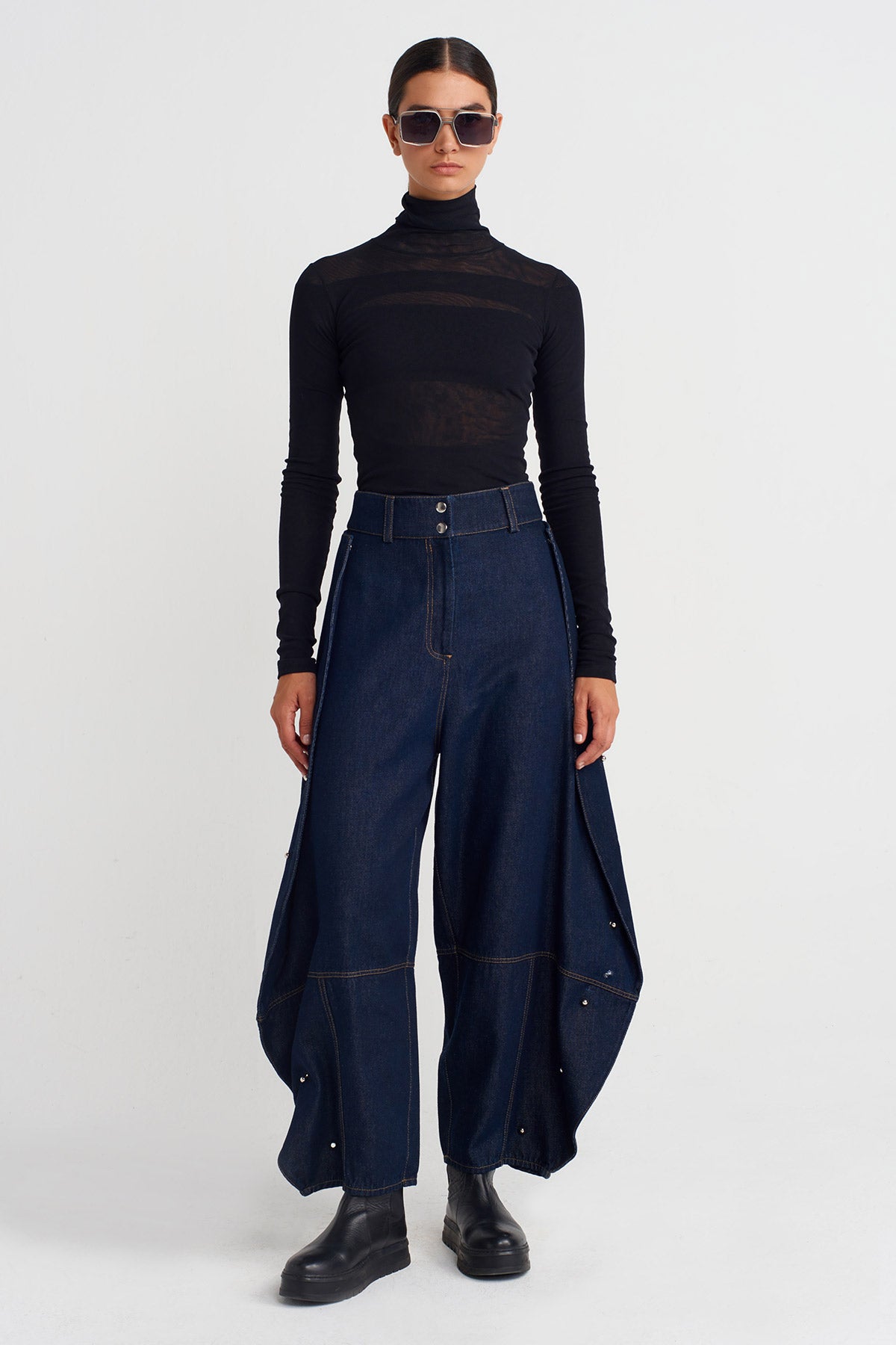 Indigo Metal Aksesuarlı Bol Denim Pantolon-K253013057