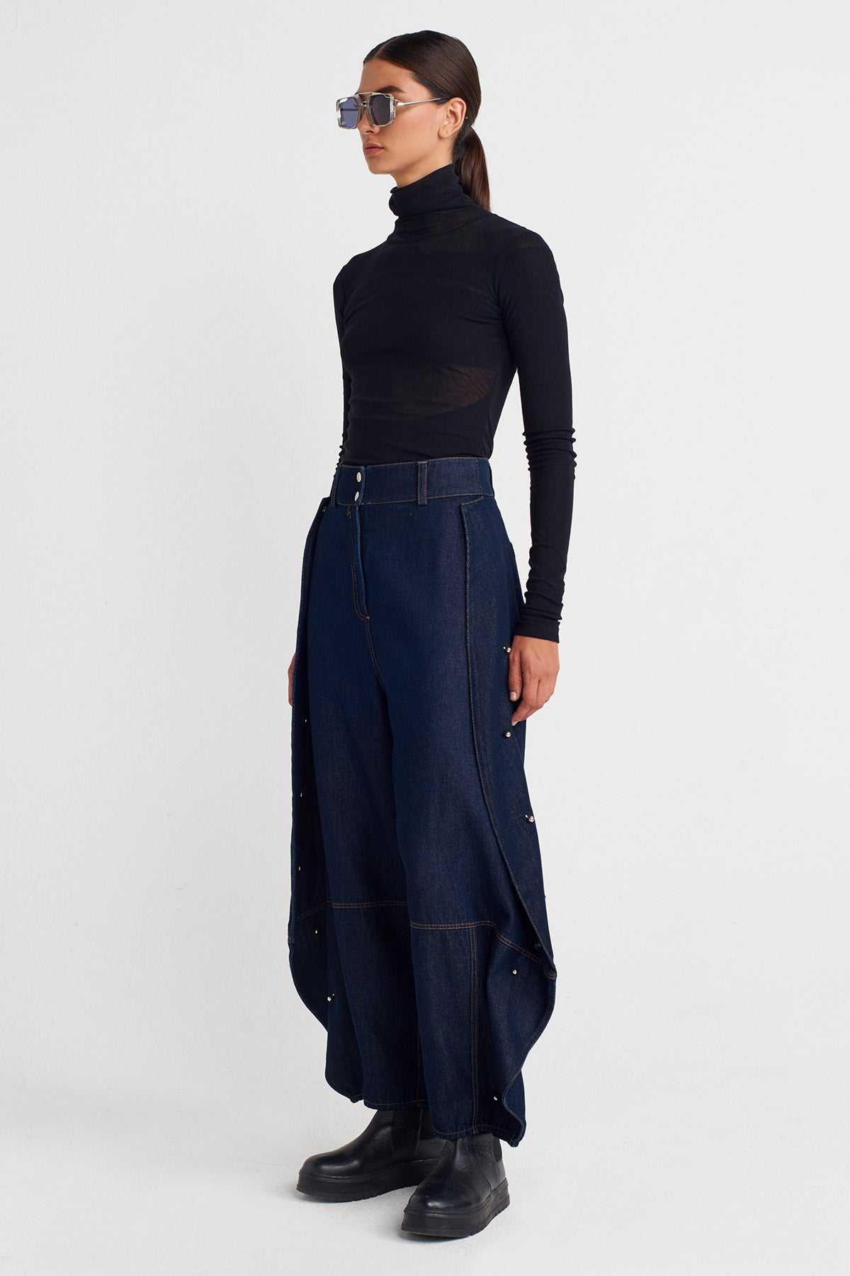 Indigo Metal Aksesuarlı Bol Denim Pantolon-K253013057
