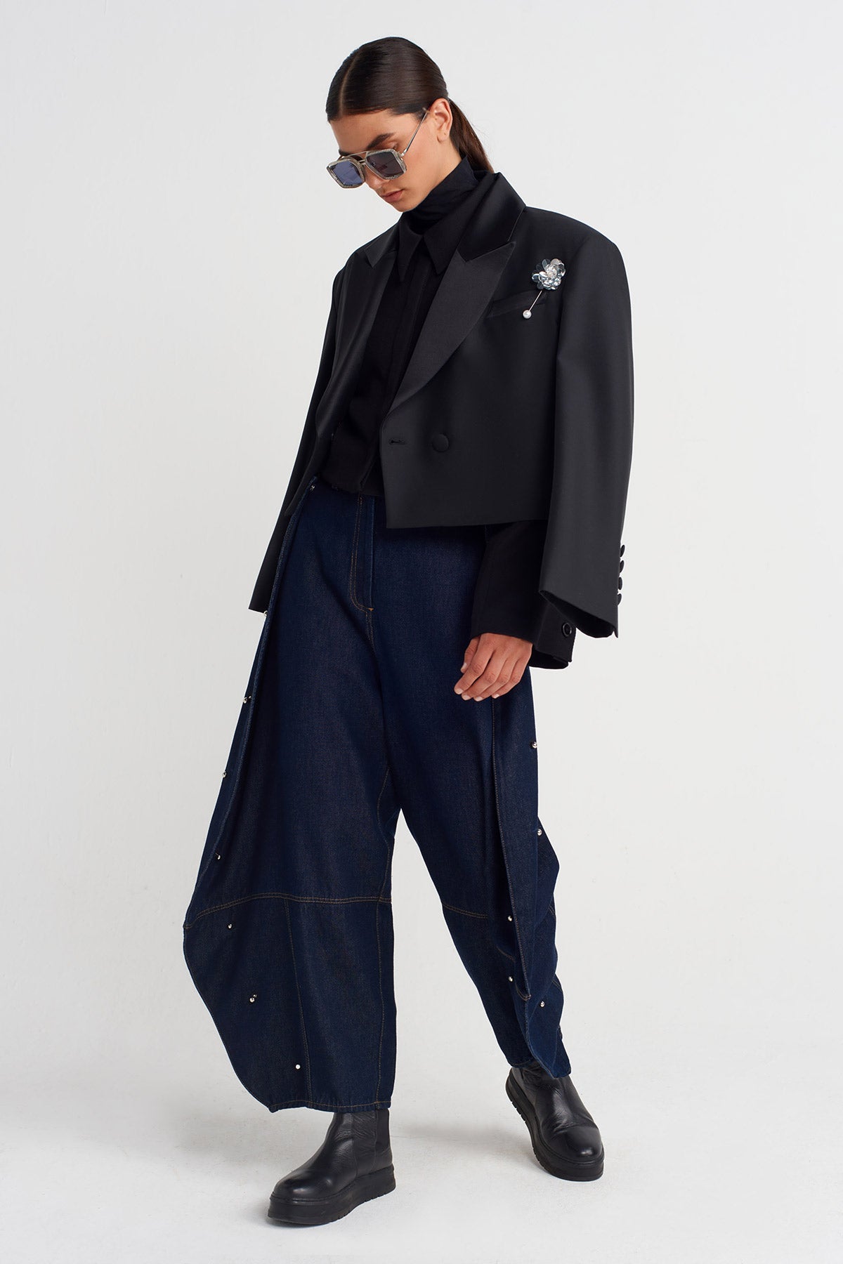 Indigo Metal Aksesuarlı Bol Denim Pantolon-K253013057