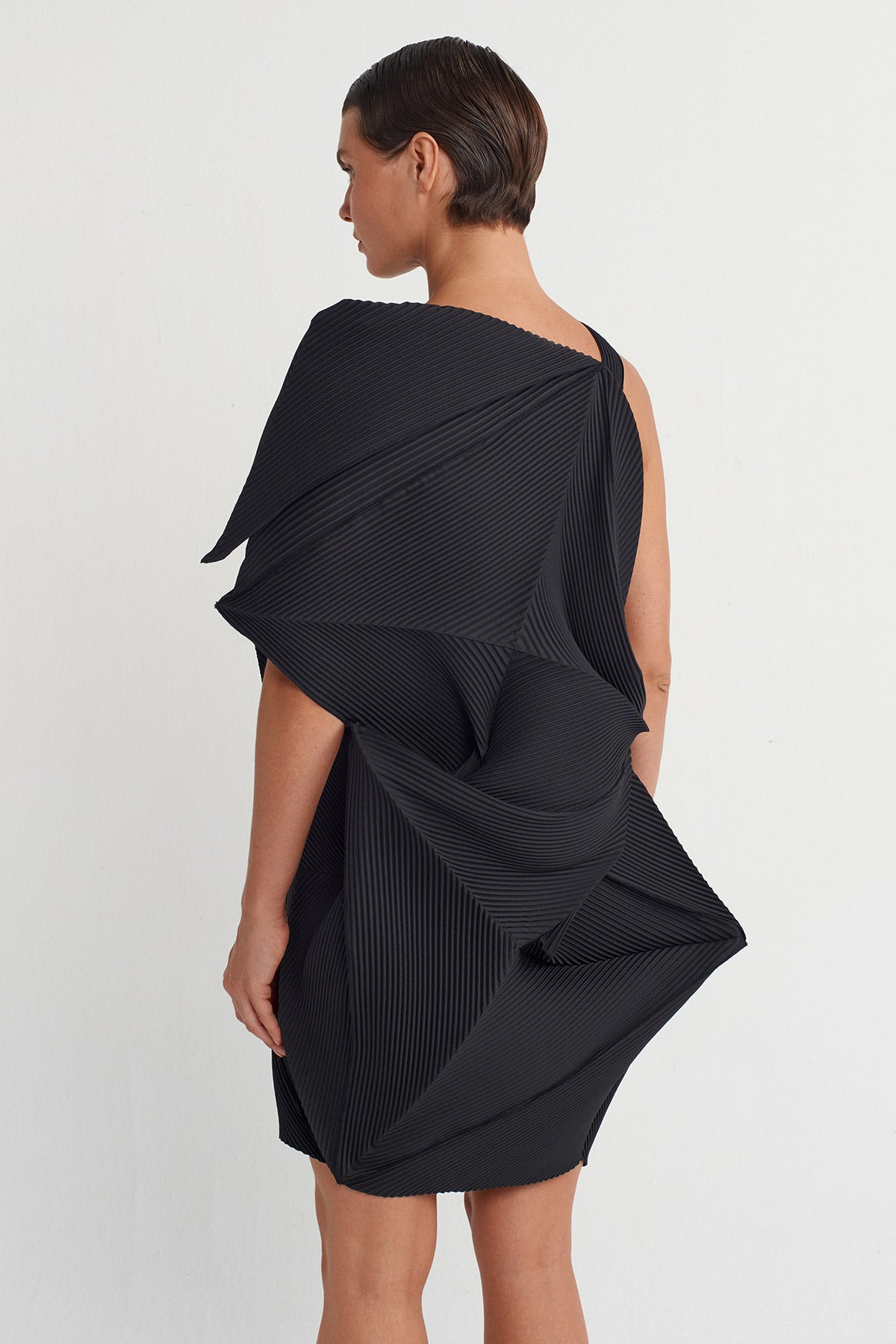 Siyah Origami Formlu Plise Elbise-K254014011