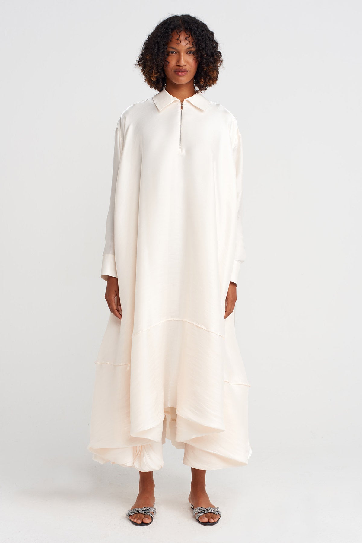 Ekru Gömlek Yakalı Kaftan Elbise-K254014021