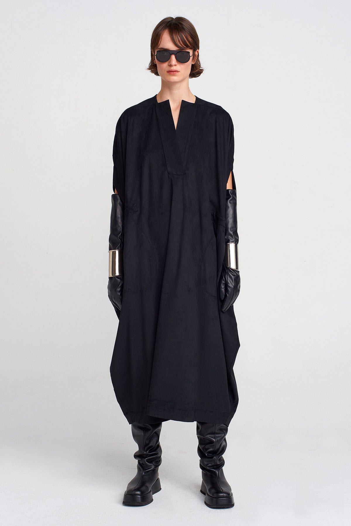Siyah Süet Görünümlü, Kaftan Elbise-K254014030