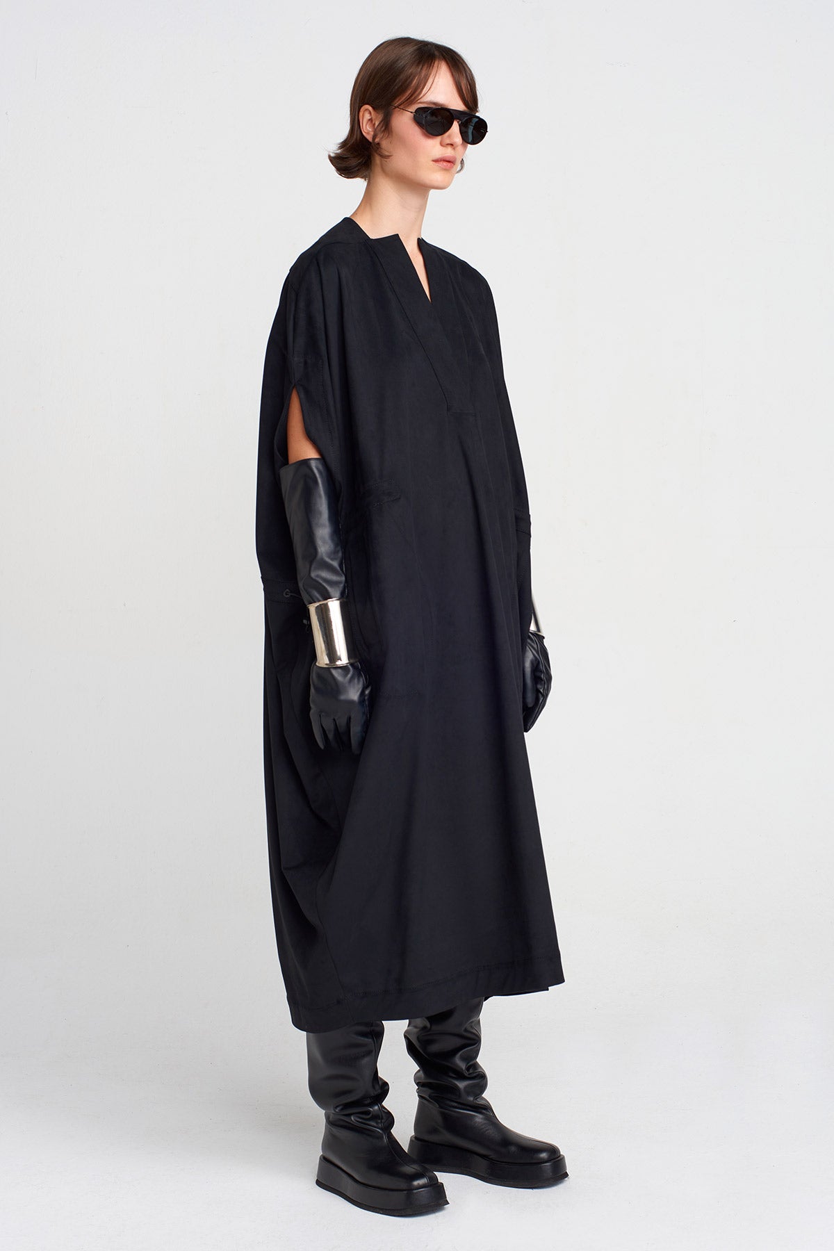 Siyah Süet Görünümlü, Kaftan Elbise-K254014030