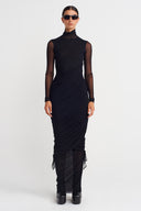 Black Pleated Long Tulle Dress-K254014053