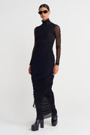 Black Pleated Long Tulle Dress-K254014053