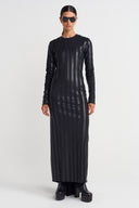 Black Stripe Patterned Long Dress with Tail - K254014054