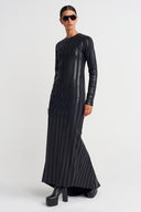 Black Stripe Patterned Long Dress with Tail - K254014054
