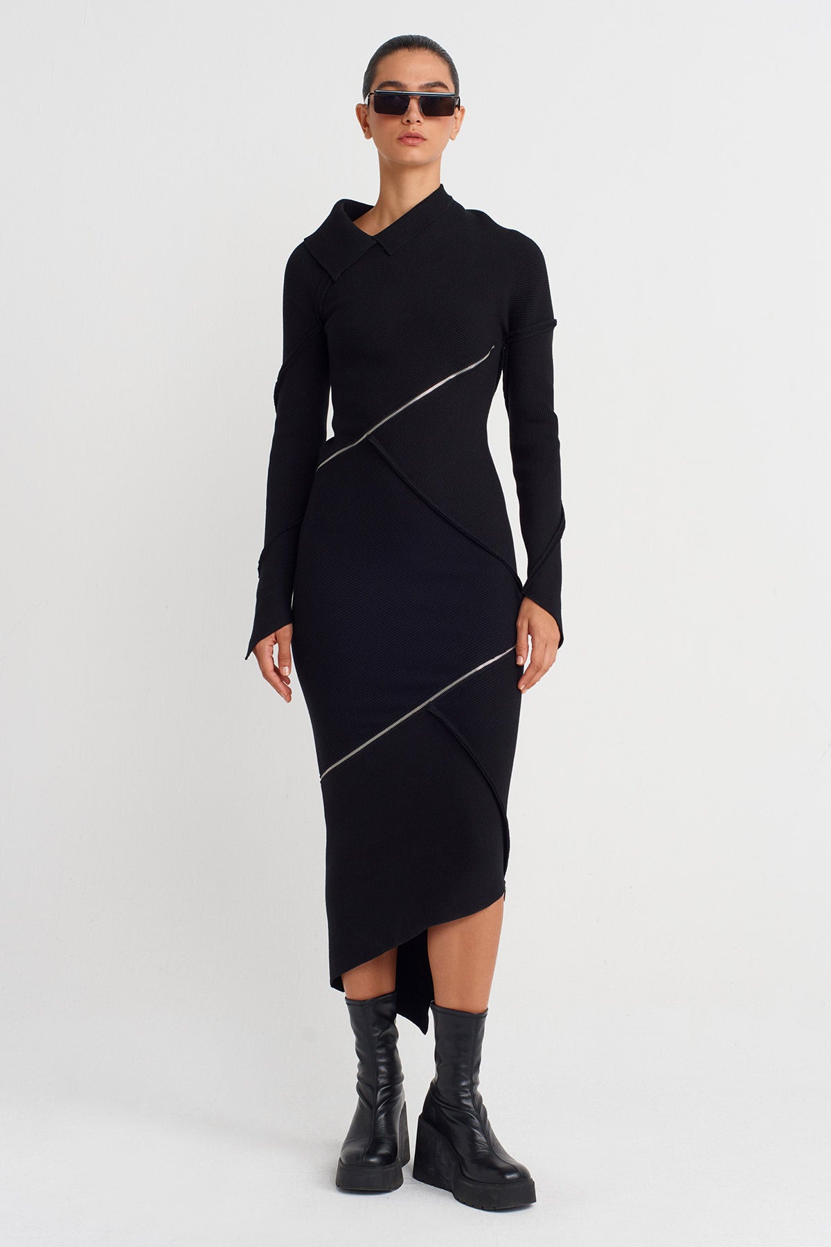Black Asymmetrical Zipper Detailed Dress-K254014058