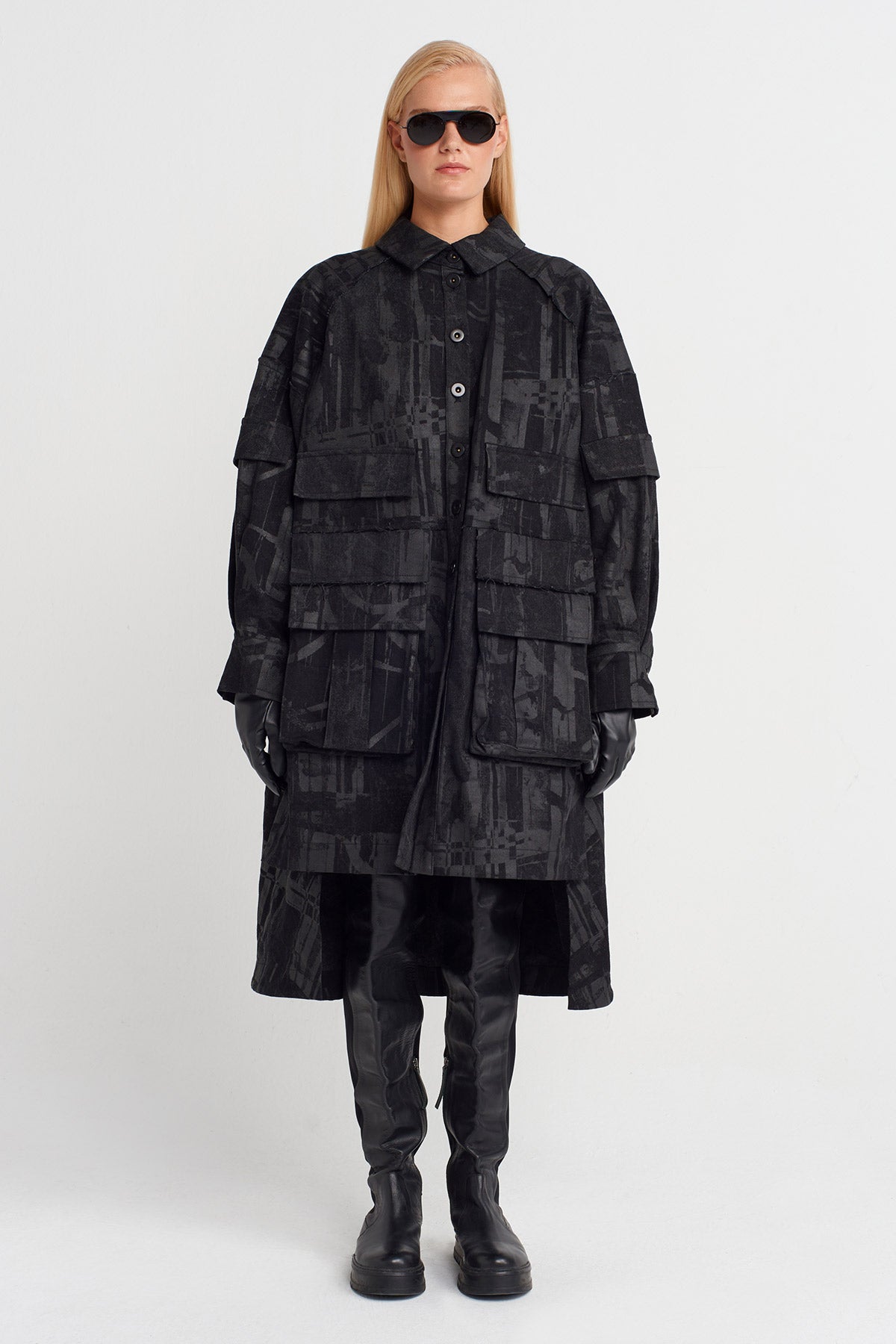 Black Printed Oversize Shirt Dress-K254014060