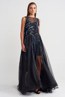 Black Denim Pieced Silk Chiffon Dress-K254014075