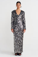 Sequined Back Slit Tulle Detail Dress-K254014079