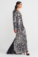 Sequined Back Slit Tulle Detail Dress-K254014079