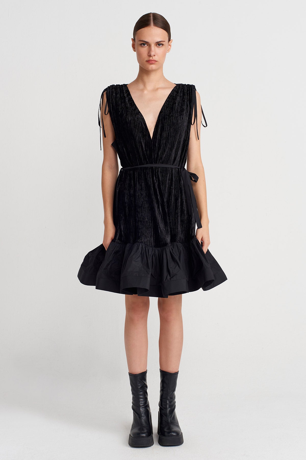 Black Corduroy Flounce Mini Dress-K254014093