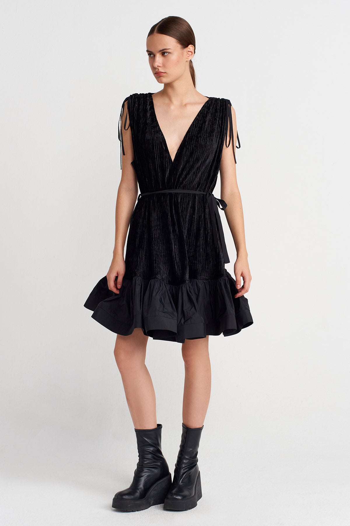 Black Corduroy Flounce Mini Dress-K254014093