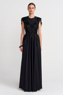 Black Embroidered Draped Long Dress-K254014094