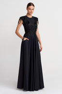 Black Embroidered Draped Long Dress-K254014094