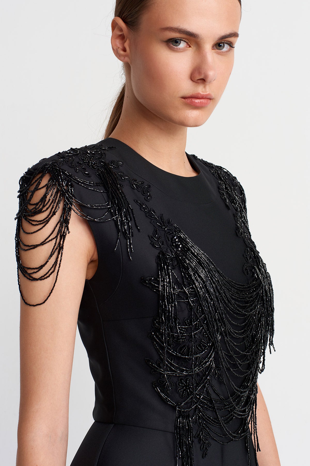 Black Embroidered Draped Long Dress-K254014094