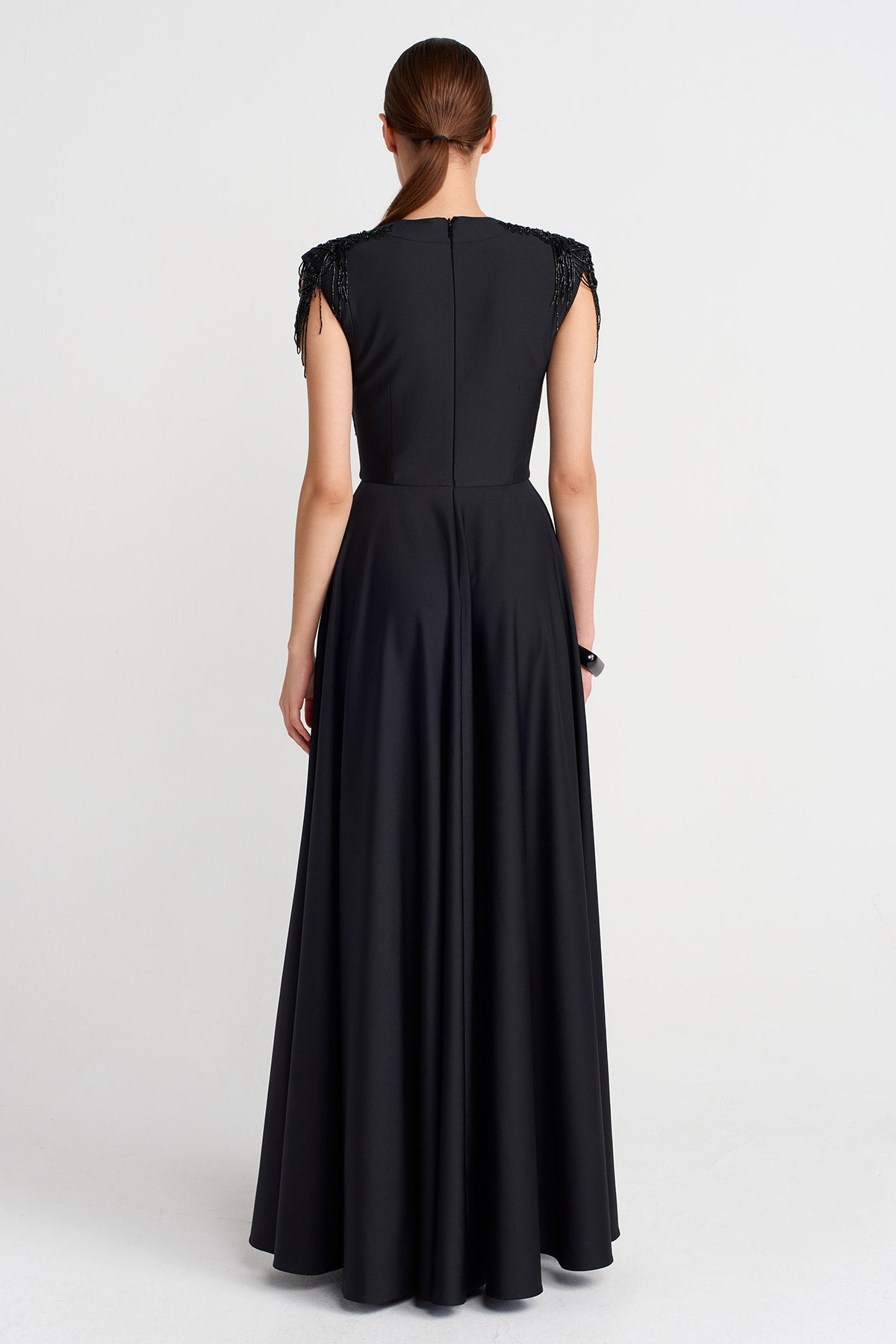 Black Embroidered Draped Long Dress-K254014094