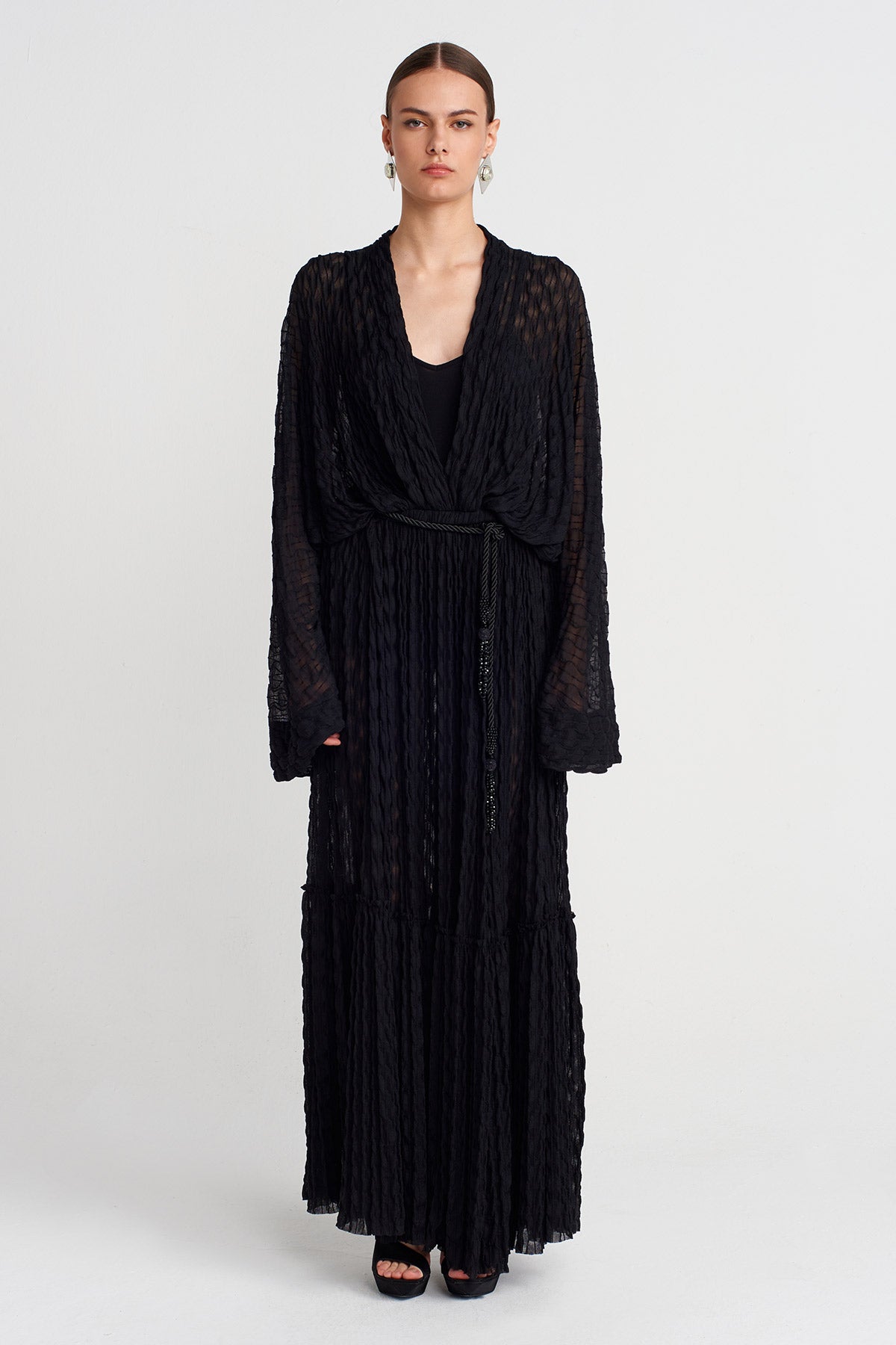 Black Crinkle Textured Long Chiffon Dress-K254014095
