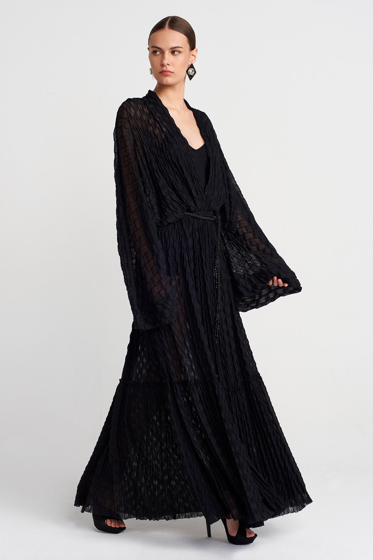 Black Crinkle Textured Long Chiffon Dress-K254014095