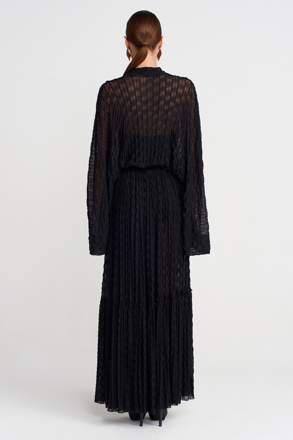 Black Crinkle Textured Long Chiffon Dress-K254014095