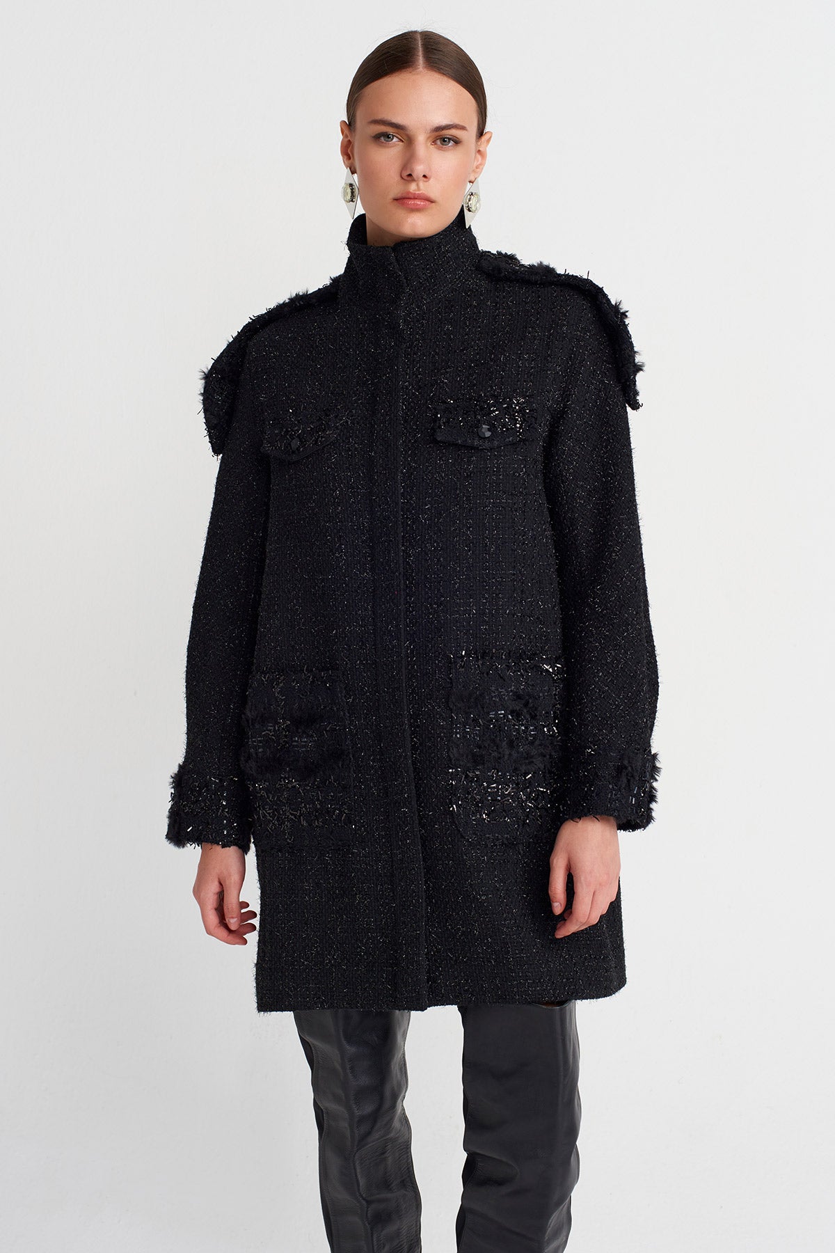 Black Military Detailed Tweed Dress-K254014096