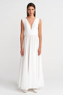 Off-White Thin Taffeta, Deep V-Neck Maxi Dress-K254014097