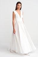 Off-White Thin Taffeta, Deep V-Neck Maxi Dress-K254014097