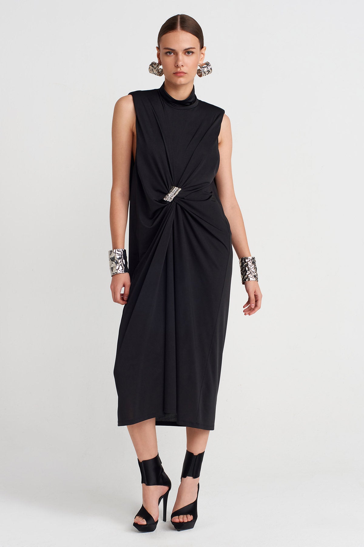 Black Draped Metal Buckle Dress-K254014098