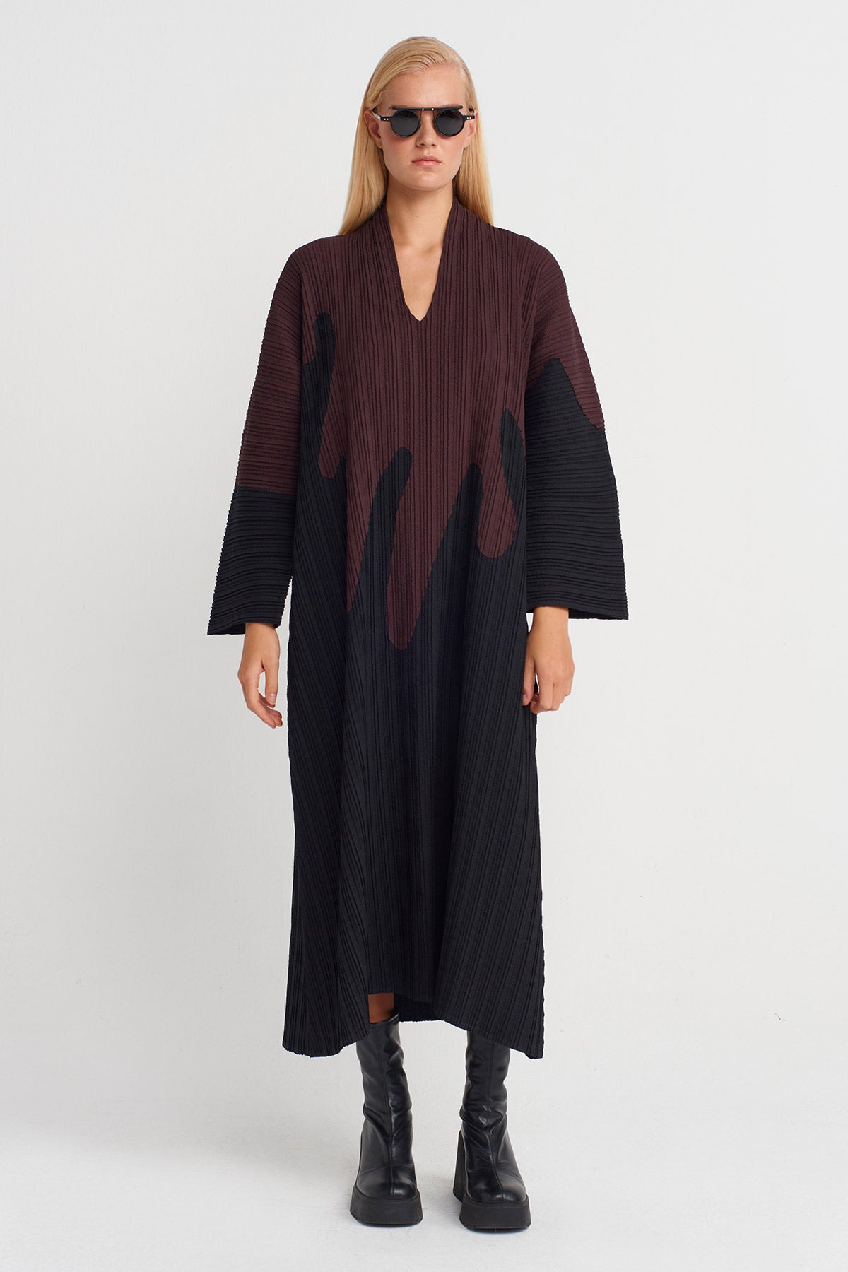 Multicolor Desenli Pliseli Uzun Elbise-K254014107