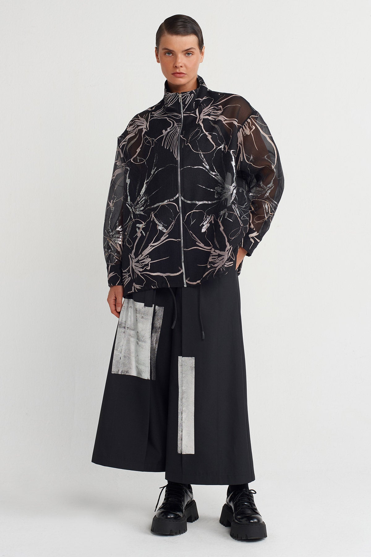 Black Metallic Printed Organza Bomber Jacket-K255015003