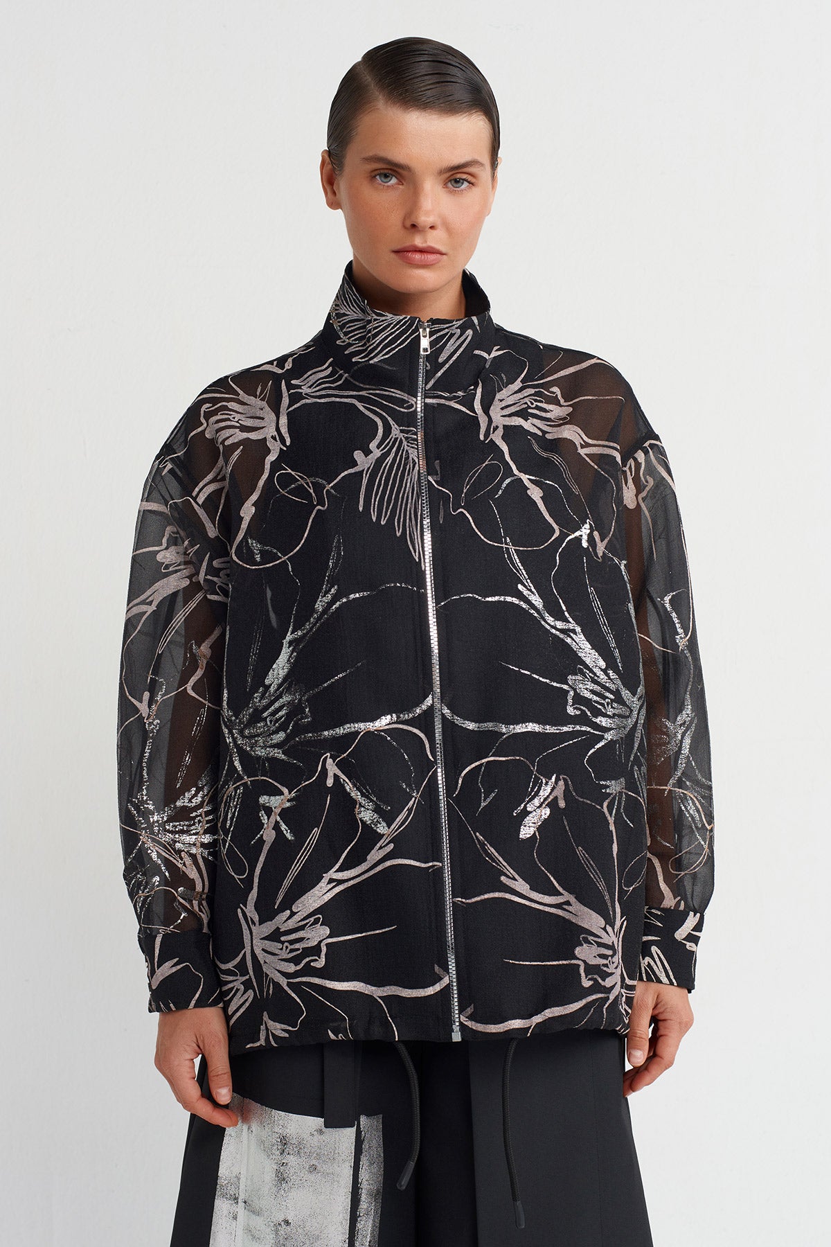 Black Metallic Printed Organza Bomber Jacket-K255015003