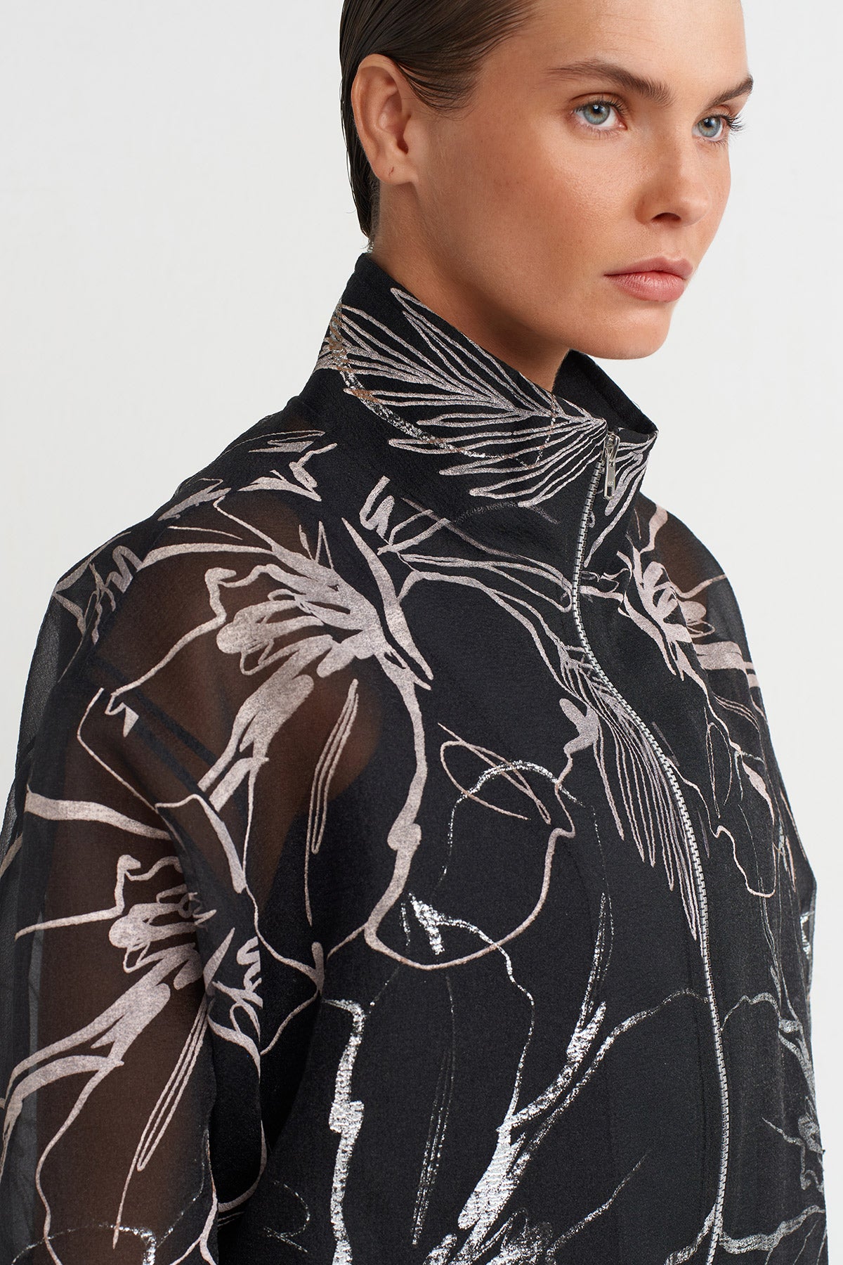Black Metallic Printed Organza Bomber Jacket-K255015003
