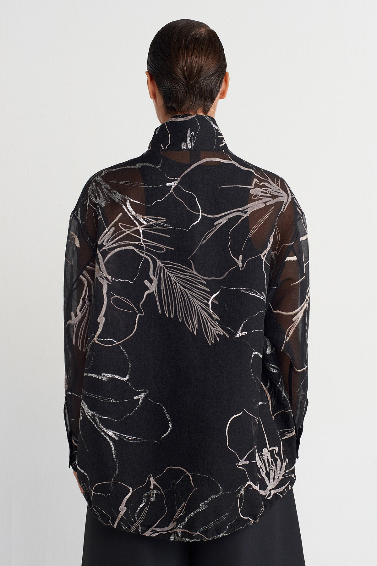 Black Metallic Printed Organza Bomber Jacket-K255015003